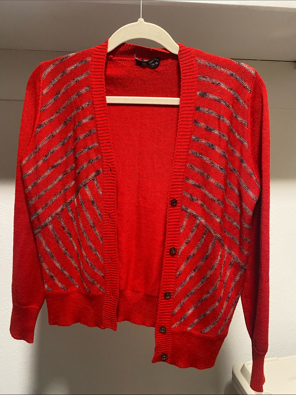 Vintage Italian Red Cardigan Sweater with Silver Stripe Detail